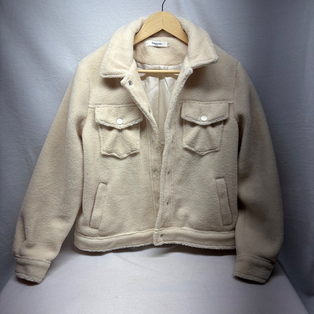 Daphnea Paris Cream Teddy‎ Fleece Sherpa Trucker Jacket Size S
